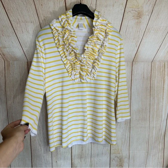 Christina Yellow Stripe Ruffle Neckline Business Casual Sweater - Picture 4 of 5